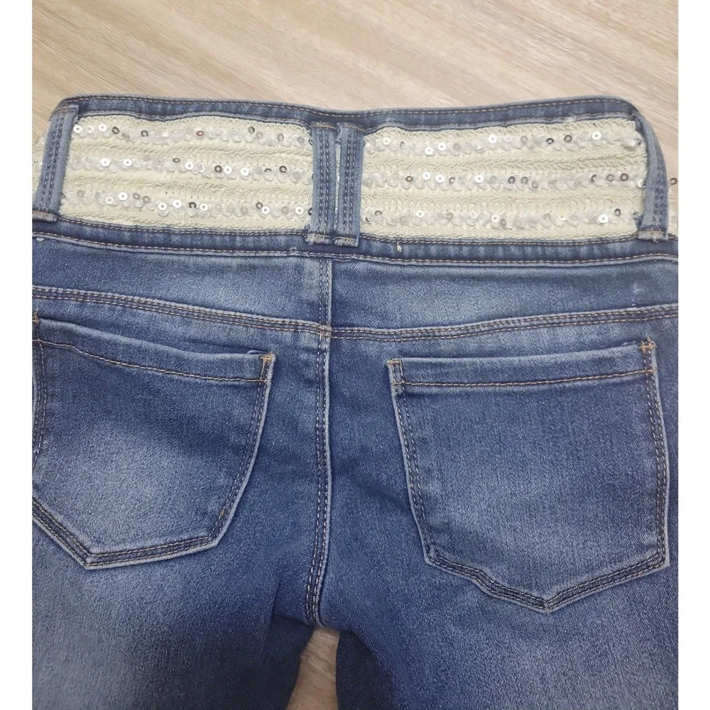 SQZ Girls Blue Sequin Waist Skinny Jeans Medium Wash Size 8 High Rise Stretch